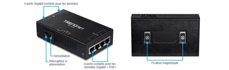 Plusieurs vues d’un injecteur Gigabit PoE+ 65W 4 ports. La vue inclinée avant gauche est étiquetée avec quatre ports de données Gigabit entrants, un interrupteur marche/arrêt, un port d’alimentation et quatre ports de sortie de données Gigabit + PoE+. La vue de droite montre le bas de l’appareil, étiqueté avec un support magnétique.
